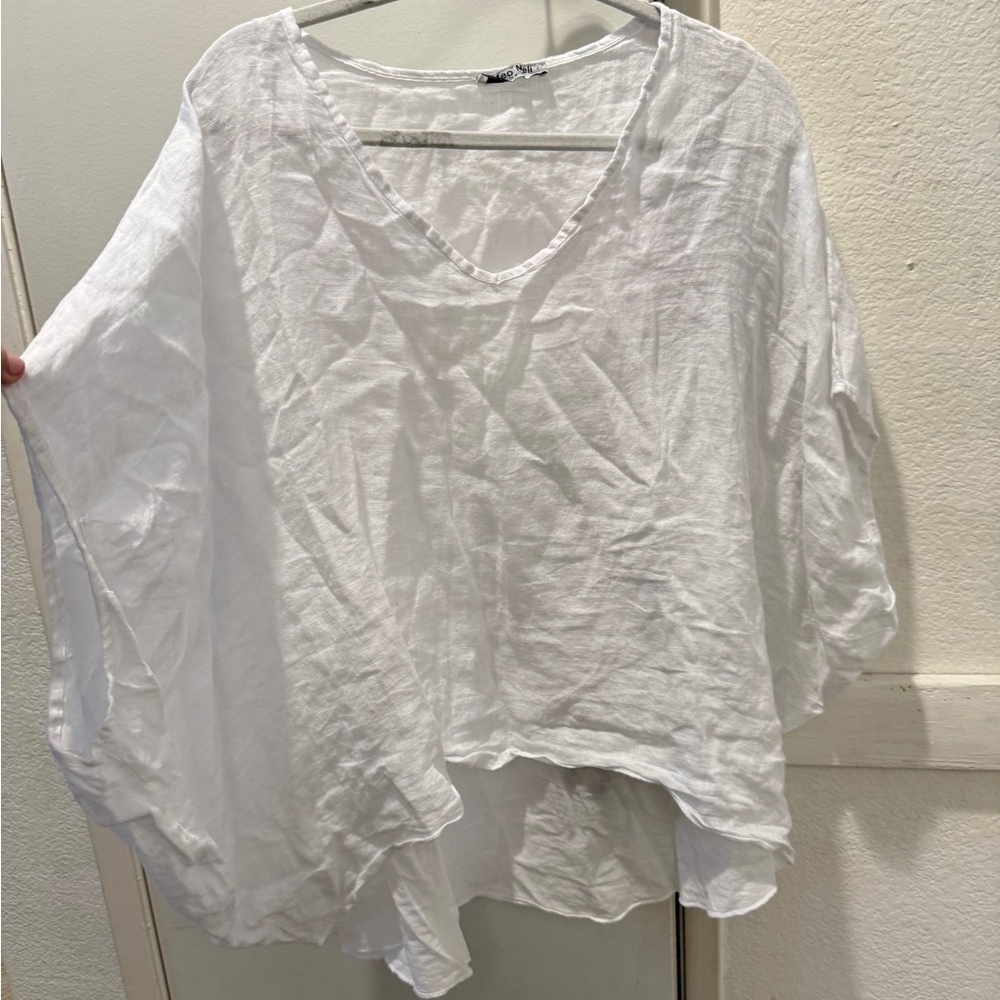 Meo Meli White linen cotton Blend Poncho Top Made in Italy Layered Blouse OS